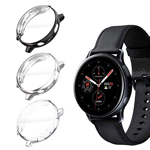 Book Cover KPYJA for Samsung Galaxy Watch Active 2 44mm Screen Protector, All-Around TPU Anti-Scratch Flexible Case Soft Protective Bumper Cover for Galaxy Watch Active 2 Smartwatch (Black/Silver/Clear, 44mm)