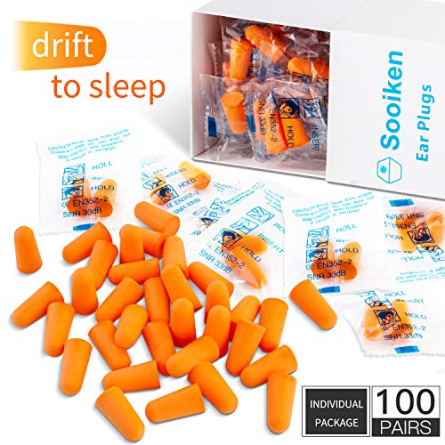 Book Cover Foam Ear Plugs,Ear Plugs Noise Reduction - 33dB SNR Super Soft Foam Ear Plugs for Sleeping, Woodworking, Shooting, Travel, Concert, Snoring, Loud Events Orange Ear Plugs (100 Pairs Individual Package