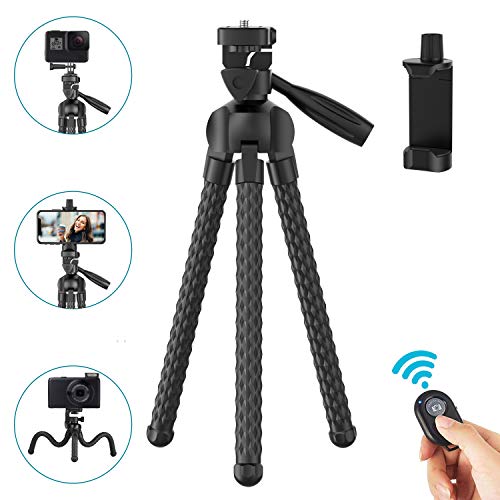 Book Cover Phone Tripod Upgraded, 11 inch Flexible Cell Phone & Camera Tripod Stand Holder with Wireless Remote Shutter and Universal Phone Mount, Compatible with iPhone, Android Phones, Sports Camera GoPro