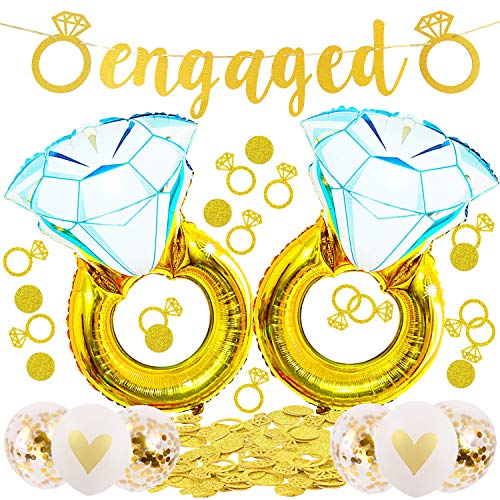 Book Cover Engagement Party Decorations-Giant 45 inch Diamond Wedding Ring Balloons,Extra-Large Engaged Banner and Glittering Gold Ring Confetti Set for Engagement Bachelorette and Bridal Shower Decorations