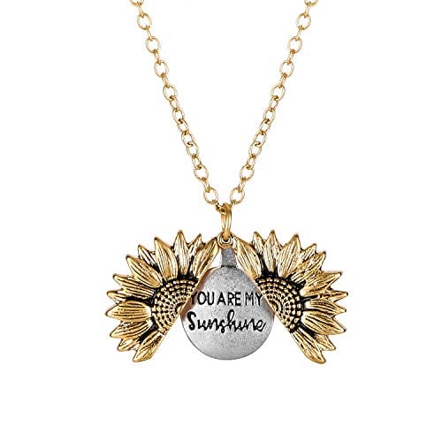 Book Cover Mucers You are My Sunshine Engraved Necklace Sunflower Locket Necklace (Gold)