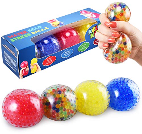 Book Cover KELZ KIDZ Durable Large Squishy Water Bead Stress Balls (4 Pack) - Great Sensory Toy for Anxiety Relief for Children and Adults - Helps Calm Kids with ADHD & Autism