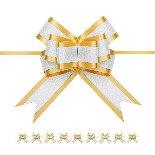 Book Cover PACKHOME 10 Large Gift Bows, 6.5 inches Gold Pull Ribbons and Bows for Gifts, Gift Wrap Bows for Decorating Presents