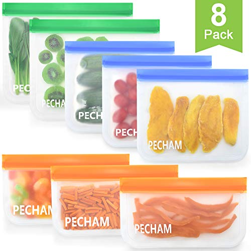 Book Cover Reusable Storage Bags,8 Pack BPA FREE Leakproof silicone food storage freezer bags(2 Reusable Gallon Bags + 3 Reusable Sandwich Bags + 3 Thick Reusable Snack Bags) for Food Marinate Meat Fruit Cereal