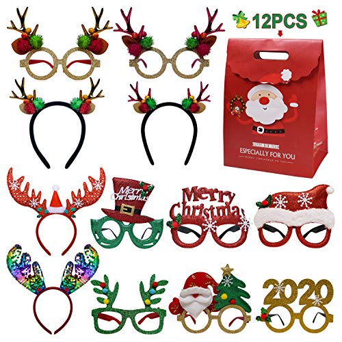Book Cover RARLONER DIRECT 12Pcs Christmas Party Glasses Frame and Headbands - Glittered Creative Fancy Decoration Eyeglasses and Cute Hair Hoop Gift Set for Xmas, Holiday Favors, Assorted Styles