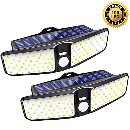 Book Cover Vproof Solar Lights Outdoor, [2 Pack] 100 LEDs Solar Motion Sensor Light Outdoor with 220° Wide Angle, IP65 Waterproof Deck Lights, Security Night Wall Light for Outside, Garage, Yard, Fence, Pathway