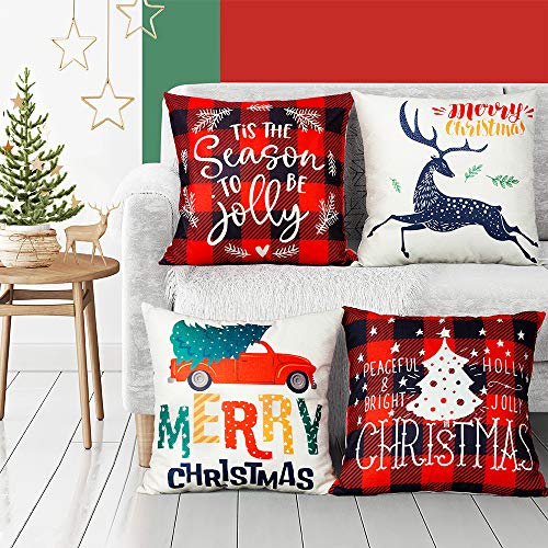 Book Cover EPLST Set of 4 Pillow Covers Christmas Decorative Throw Pillow Covers Vintage Wood Moose Deer Elk Bear Farmhouse Home Decor Cotton Linen Pillow Case Cushion Cover 18