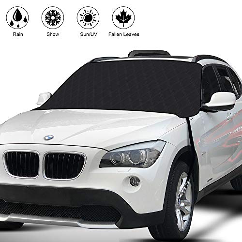 Book Cover HRDJ Car Windshield Snow Cover, Auto Snow Windshield Cover Ice Removal Wiper Visor Protector Winter Summer Auto Sun Shade with 3-Layer Protection&Double Side Design for Cars Trucks Vans and SUV