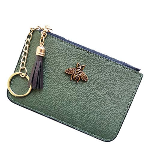 Book Cover AnnabelZ Women's Coin Purse Change Wallet Pouch Leather Card Holder with Key Chain Tassel Zip (CH Army Green)