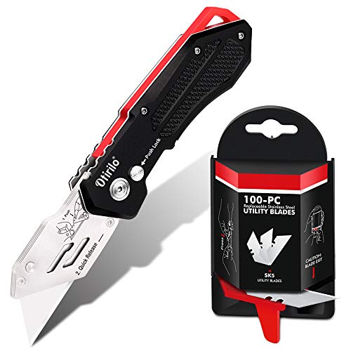 Book Cover Folding Utility Knife with SK5 Blades 100Pack, Heavy Duty Box Cutters Carpet Knife with Pocket Clip, Lock-Back, Quick Change Blades for Cutting Carton, Leather, Aluminum, PVC Sheet, Fabric