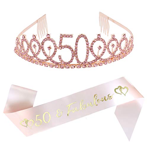 Book Cover 50th Birthday Party Supplies 50th Birthday Tiara and Sash Kit Rose Gold Rhinestone Princess Crown and 50 Fabulous Glitter Satin Sash for Happy Birthday Party Favors, Decorations