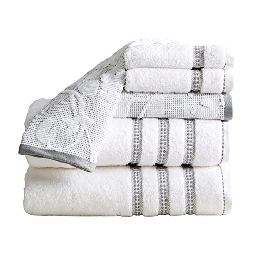 Book Cover Great Bay Home 100% Cotton Floral Jacquard Bath Towels, Luxury 6 Piece Set - 2 Bath Towels, 2 Hand Towels and 2 Washcloths. Absorbent Super Plush Decorative Towels (6 Piece Set, White/Grey)