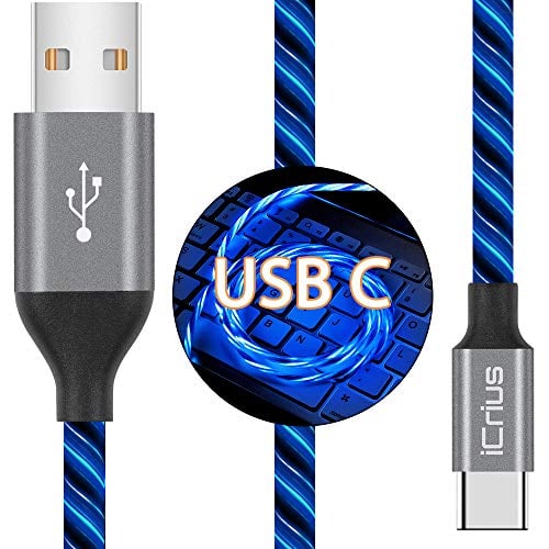 Book Cover USB Type C Cable, iCrius 3A 6ft LED Light Up Visible Flowing Fast Charger Charging Cords USB C Cable Compatible with Samsung Galaxy S10 S10E S9 S8 Plus Note 10 9 8,Moto Z,LG G8 and More (Blue)