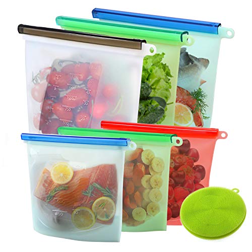 Book Cover Chrider Reusable Silicone Food Storage Bags (Set of 6) - 3xLarge 50oz, 3xMedium 30oz, Leakproof Food Grade Silicone Bags for Vegetable, Liquid, Snack, Meat, Sandwich