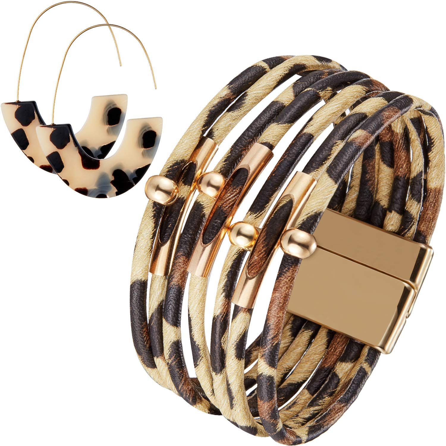 Book Cover Hicarer Leopard Bracelets and Earrings for Women Cheetah Bracelets Tortoise Shell Earrings Multilayer Leather Wrap Bracelets Boho Accessories for Women Large Wrists Beige