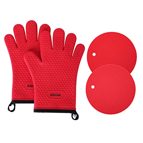 Book Cover Aibrisk Silicone Oven Mitts and Pot Holders,4PCS Thicken Heat Resistant Flexible Non-Slip Surface Cooking Gloves and Potholders Trivet Mats for Safe Oven BBQ Kitchen Counter Hot Dishes or Pansï¼ˆRedï¼‰