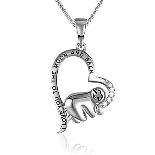 Book Cover Grecia White Gold Plated Sloth Necklace for Women I Love You to The Moon and Back Love Heart Pendant Gift for Her, Jewelry for Girlfriend, Wife, Sister, Grandma, Mom