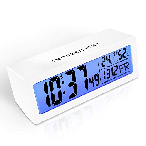 Book Cover Matone Digital Alarm Clock with Touch-Activated Snooze, Adjustable Alarm Volume, Humidity & Temperature Detect, Night Light, 5.3’’ LCD Screen, Simple Battery Operated Digital Clock for Bedrooms
