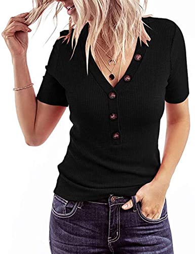 Book Cover MEROKEETY Women's Short Sleeve V Neck Ribbed Button Tops Basic Solid Color Tee Shirts