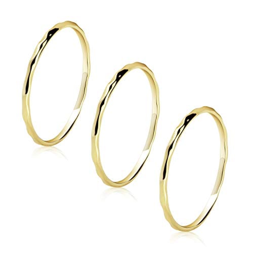 Book Cover Me&Hz 14K Gold Plated 1.2mm Skinny Thin Hammered Stacking Ring Knuckle Midi Plain Band Trio Ring Set/Single in Gold Silver Rose-Gold Tone Minimalist Jewelry for Women Girls, Size 4 to 9