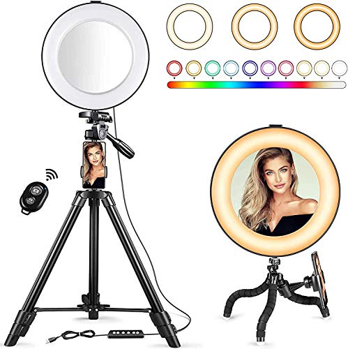 Book Cover Selfie Ring Light - 14 Colors RGB Ring Light with 2 Adjustable Tripod Stand/Phone Holder/Camera Remote Shutter Best 10 Brightness Levels Dimmable LED Ring Light for Makeup,YouTube, Photography