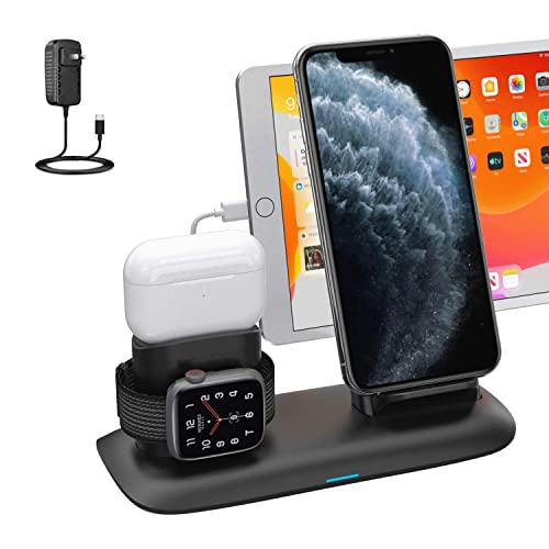 Book Cover Wireless Charger, 4 in 1 Wireless Charging Station for i pad A pple Watch and i Phone Air pods Pro, Wireless Charging Stand for i Phone 12/12 11 Pro Max/X/XR/Xs/A Pple Watch Charger 5-1 Air pods 2